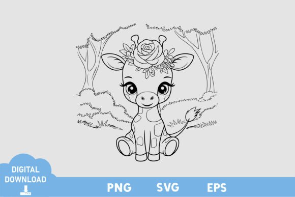 Floral Baby Giraffe Black White Design